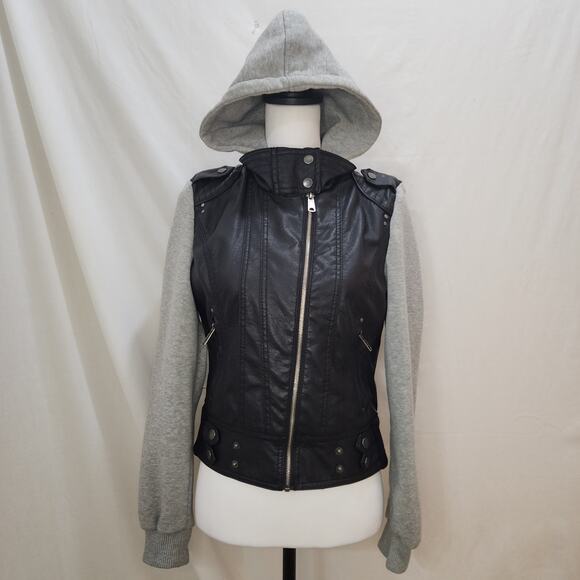 Last Kiss Faux Leather Sweatshirt Hoodie Moto Jacket, Medium - Picture 3 of 9